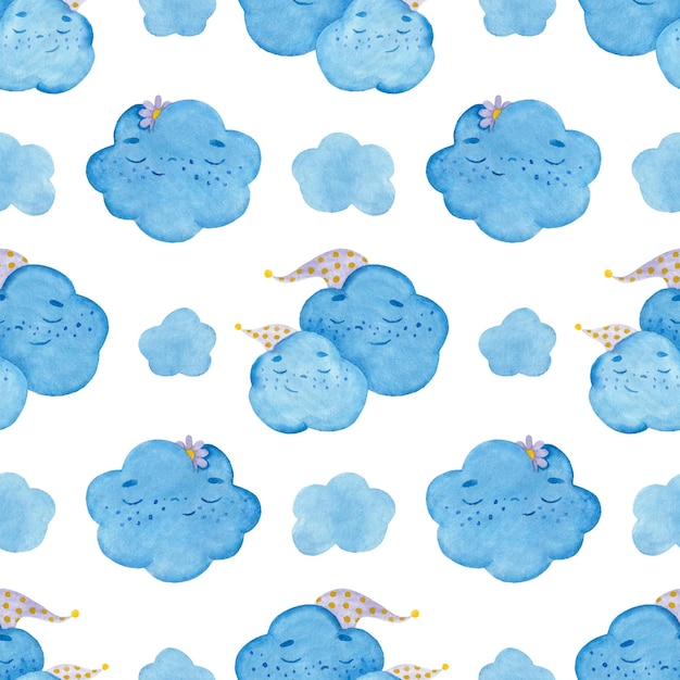 Seamless watercolor pattern with colorful cartoon sleeping clouds in caps