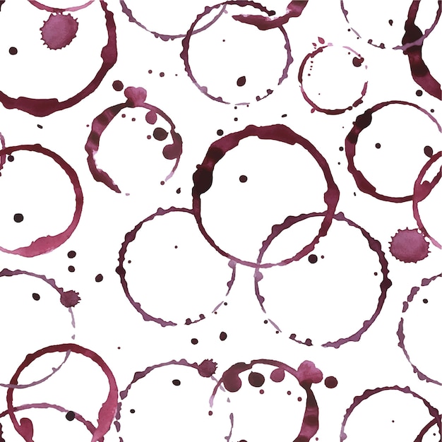 Seamless watercolor pattern with drawings of round red wine juice stains splashes