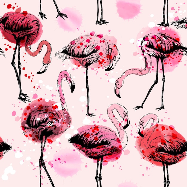 Seamless watercolor pattern with flamingo birds