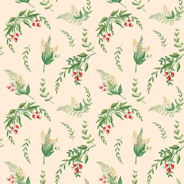 Seamless watercolor pattern with green branches yellow wildflowers and red berries on beige