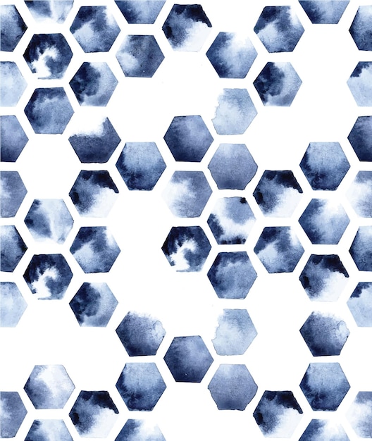 Вектор Бесшовный акварельный узор с шестиугольниками на белом фоне абстрактный отпечаток пятен синего