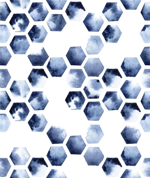 Vector seamless watercolor pattern with hexagons on a white background abstract print of stains of blue