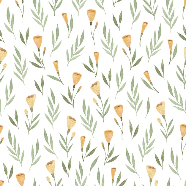 Seamless watercolor pattern with leaves and yellow flowers on a white background