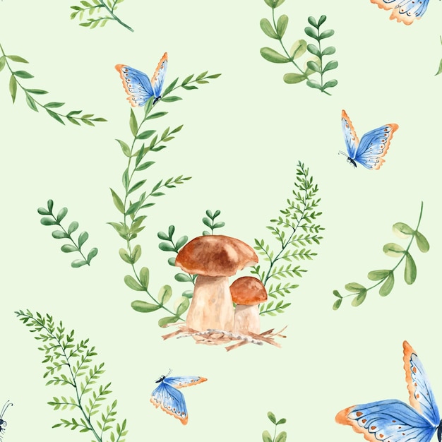 Seamless watercolor pattern with porcini mushrooms fern green branches and blue butterfly botanical