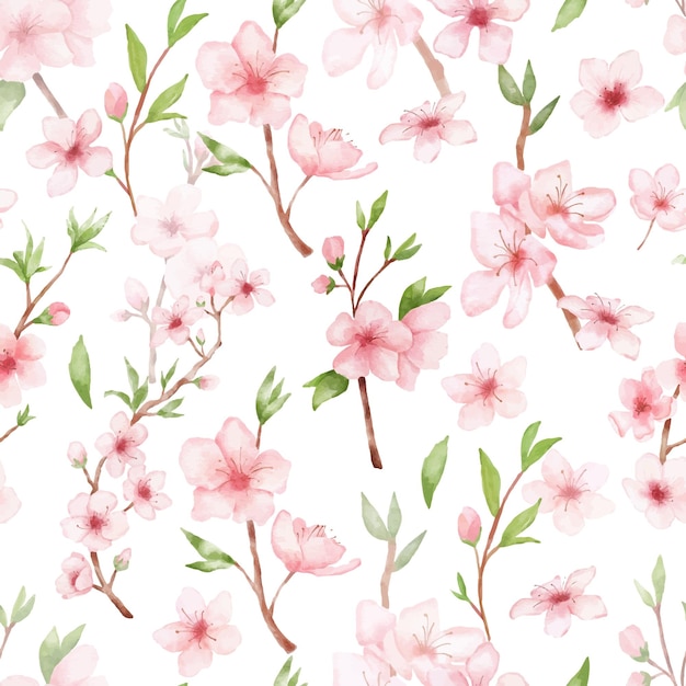 Seamless watercolor pattern with sakura flowers and leaves on white