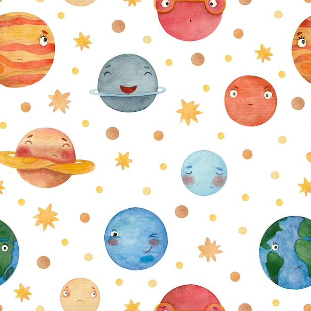 Seamless watercolor pattern with stars and cartoon planets of the solar system