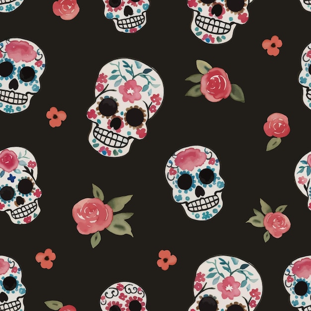 a seamless watercolor pattern with sugar skulls and roses on black background