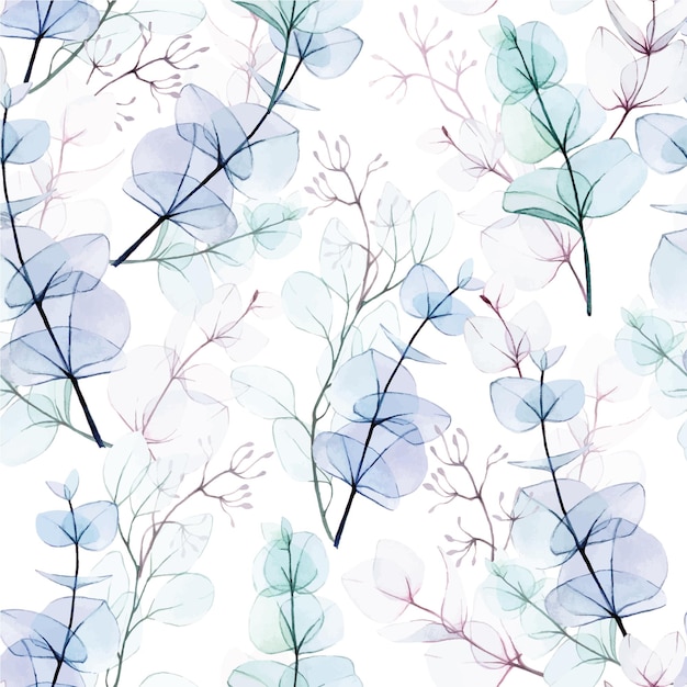 seamless watercolor pattern with transparent eucalyptus leaves on a white background eucalyptus