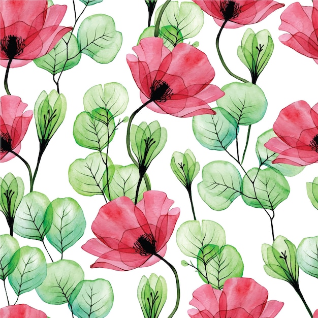 seamless watercolor pattern with transparent poppy flowers crocuses and eucalyptus leaves vintage