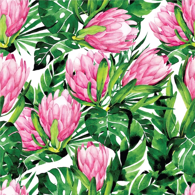 열대 꽃과 잎 분홍색 프로테아 꽃과 녹색 잎이 있는 매끄러운 수채화 패턴