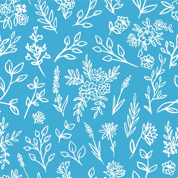 Seamless white floral pattern on blue background.doodle style hand drawn.vector illustration.