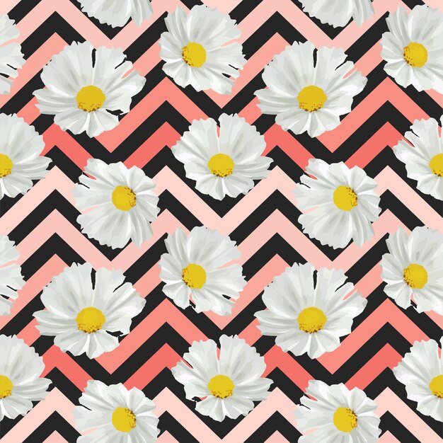 Seamless white flowers on pink gradient zigzag pattern. vector illustration