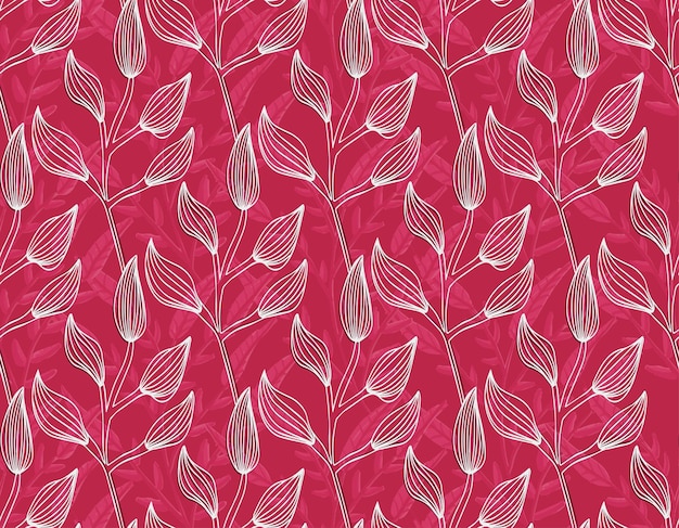 Seamless white monochrome leaves pattern. viva magenta background. vector illustration