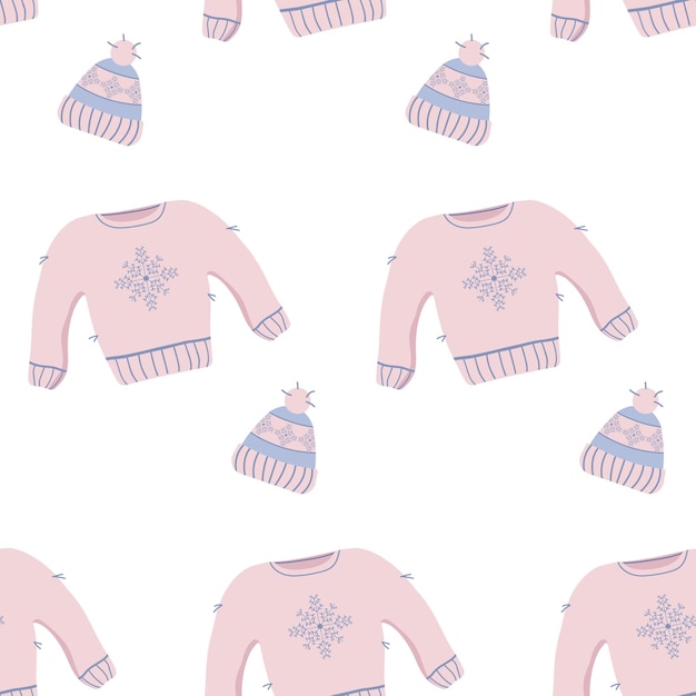 ベクトル シームレスな冬のクリスマス ニットの暖かいセーターと帽子のパターン