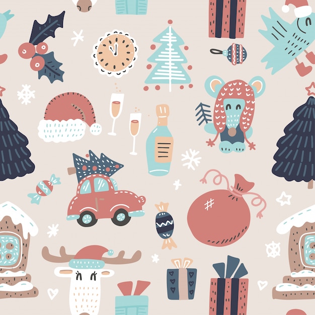 Seamless winter holidays pattern with funny cartoon deer,