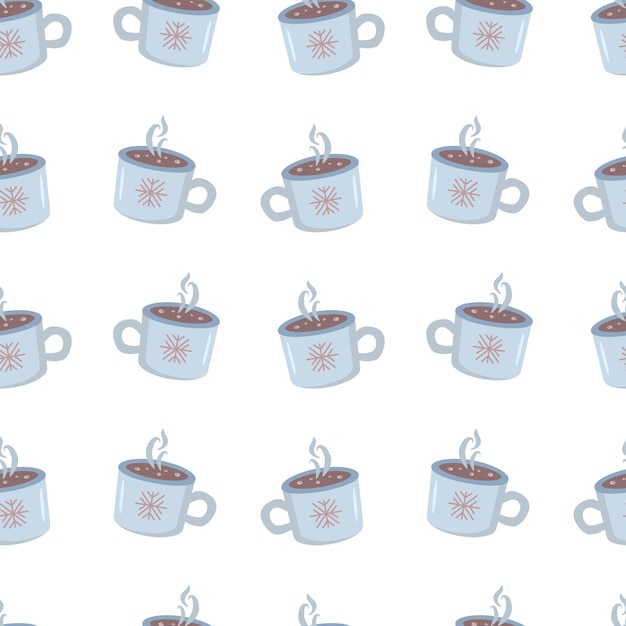 Seamless winter pattern Blue mug with a hot drink and a snowflake