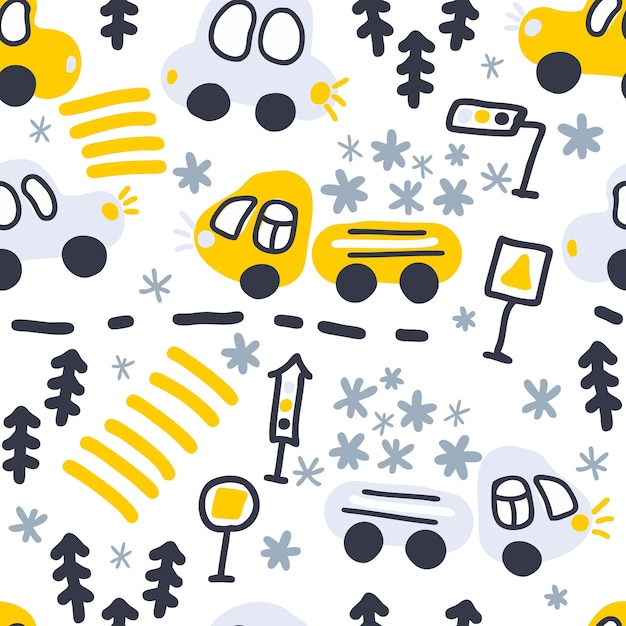 Seamless winter pattern of cars and trucks in snowfall Perfect for scrapbooking poster textile and prints Hand drawn vector illustration for decor and design
