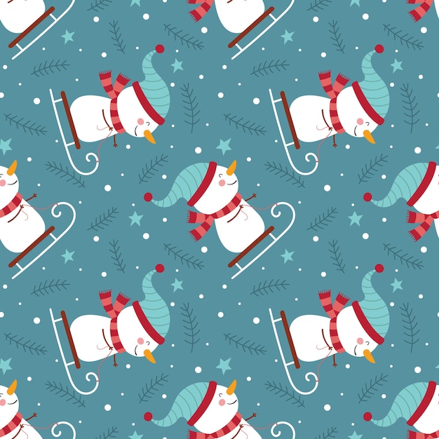 Seamless winter pattern with funny snowmen on sleds