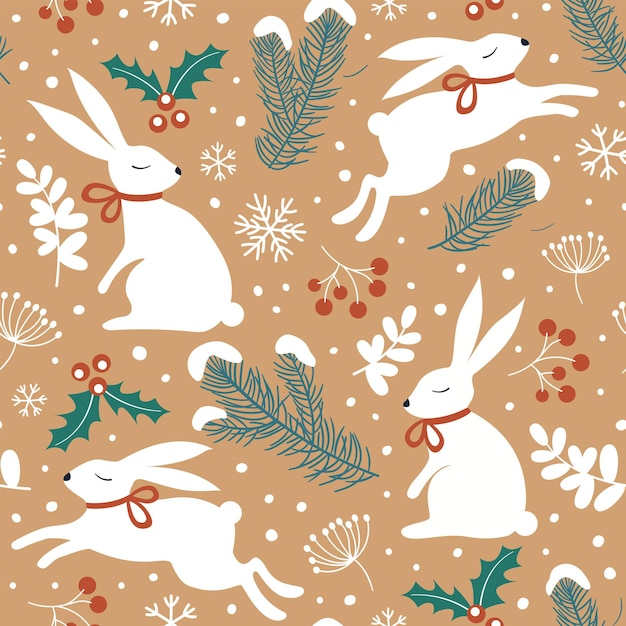 Seamless winter pattern with hares fir branches and rowan bunches