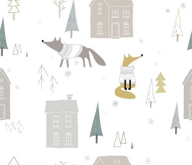 ベクトル 森の中の家とキツネの連結のない冬のパターン ベクトルイラスト
