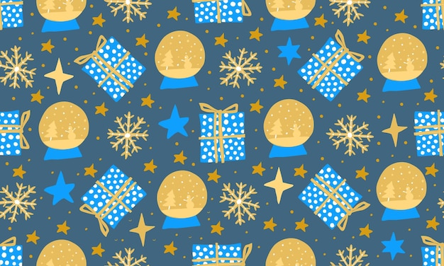 Бесшовные зимние снежинки. Рождественские подарочные коробки и снежные шары на синем фоне. Упакуйте подарки