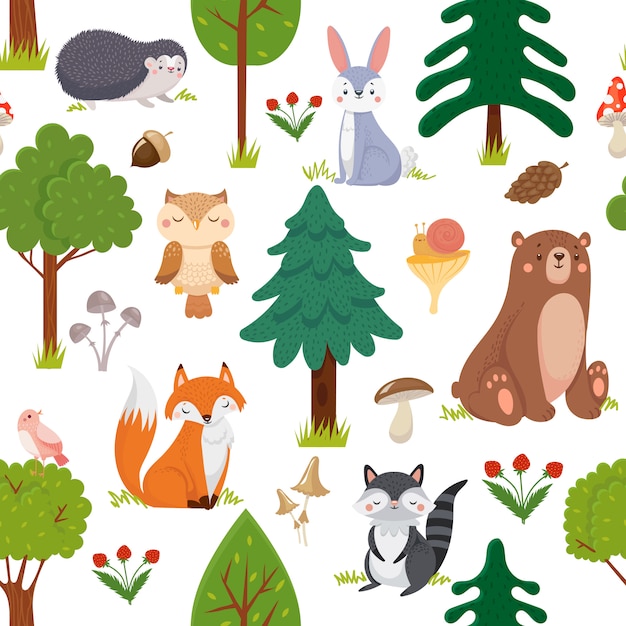 矢量无缝林地动物图案。夏季森林可爱的野生动物和森林花卉卡通矢量背景