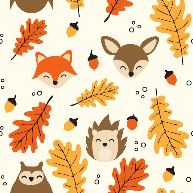 Seamless woodland pattern with cute animals