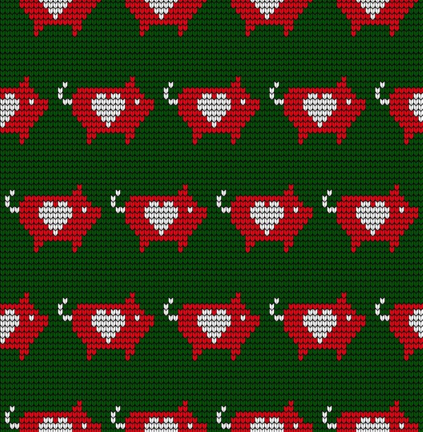 Seamless woolen knitted Christmas pattern with pigs and lanterns