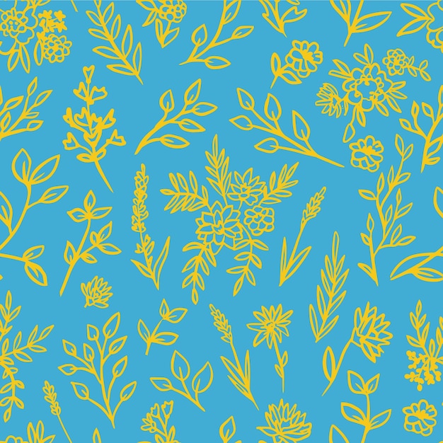 Бесшовный желтый цветочный узор на синем фоне. Векторная иллюстрация.