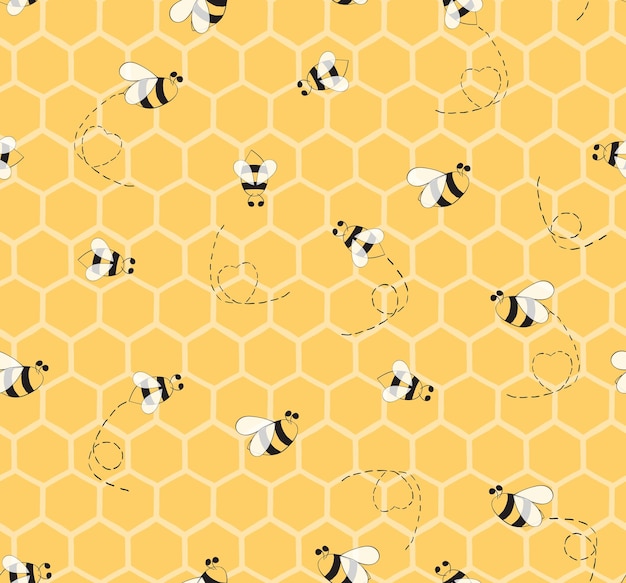 Vector seamless yellow pattern with bees and honeycombs background for baby textile design