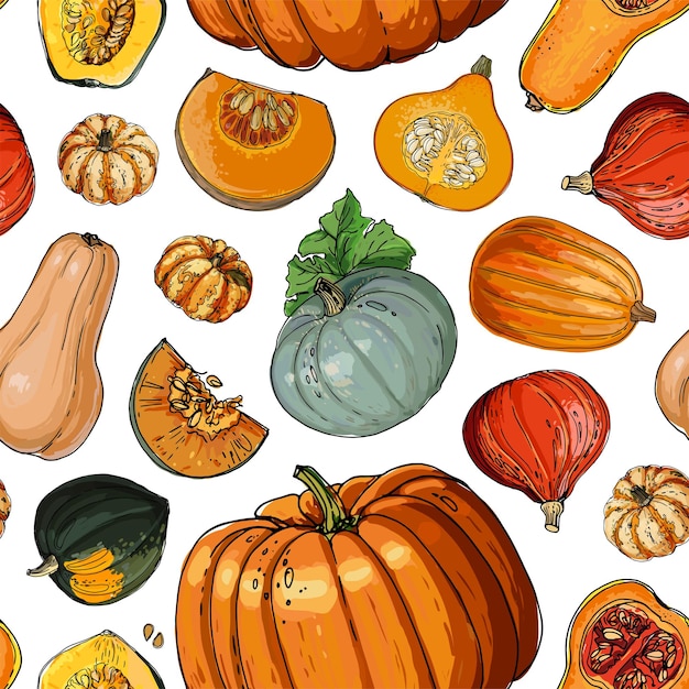 Vector seampless pattern vector vegetable food orange and gray pumpkin autumn ornament