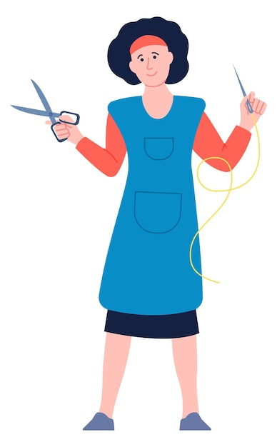 seamstress color character professional sewing woman with scissors and needle