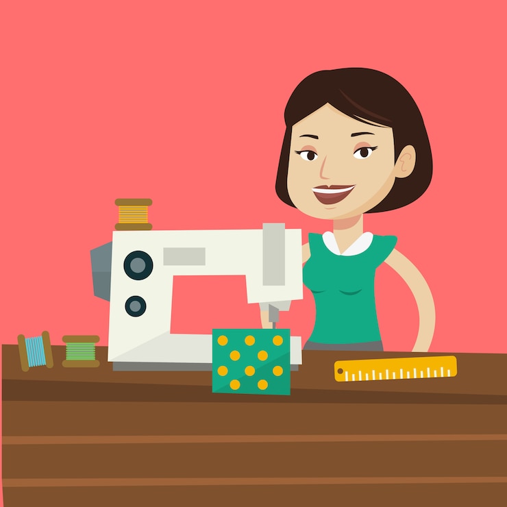वेक्टर seamstress using sewing machine at workshop.
