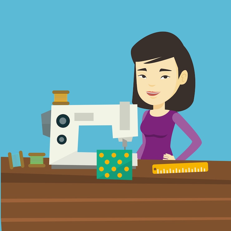 वेक्टर seamstress using sewing machine at workshop.