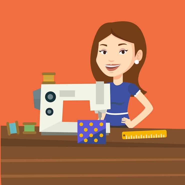 वेक्टर seamstress using sewing machine at workshop.
