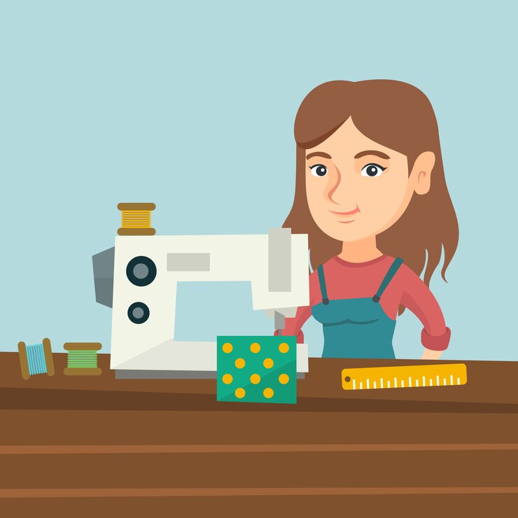 वेक्टर seamstress using a sewing machine at the workshop.