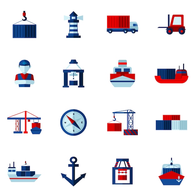 Seaport flat icons  set