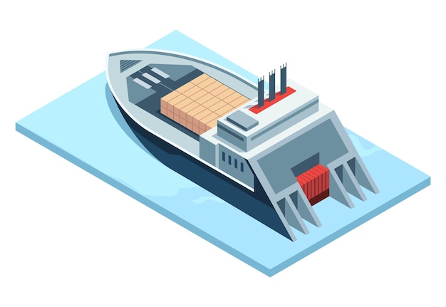 Vector seaport isometric icon element ship marine industrial transport container cargo industry freight shipment vector illustration