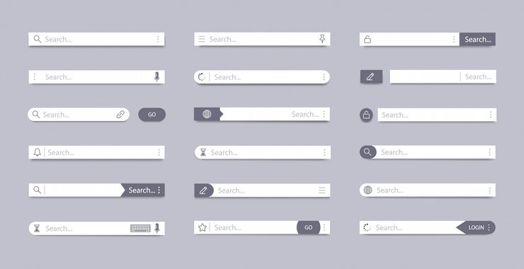 Vector search bar. address search field, interface bar ui navigation, web concept with tab text boxes, mobile bar page elements  symbols set. internet browser ui searching panels template