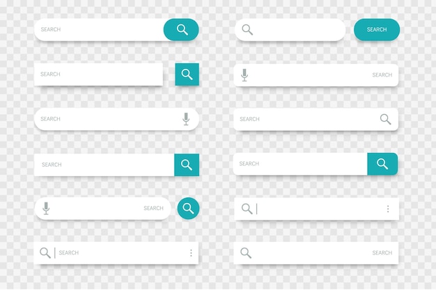 Строки ввода с кнопками поиска, лупой и значками микрофона Веб-сайт интерфейса браузера или элементы мобильного приложения на прозрачном фоне Набор векторных шаблонов