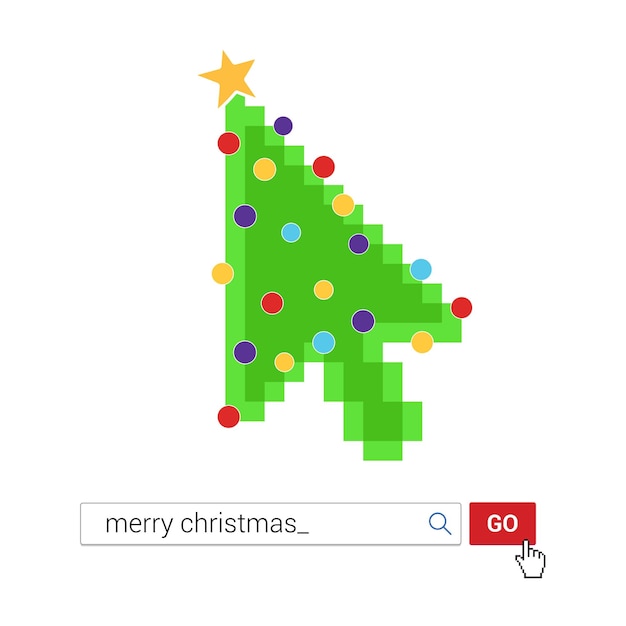 Панель поиска с текстом «счастливого рождества» и кнопкой «иди с указателем курсора в виде руки рождественской елки»