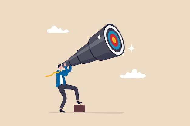 Search for business target or goal mission or objective to achieve discover purpose or find strategy to reach goal or destination concept businessman look through telescope to find target or goal