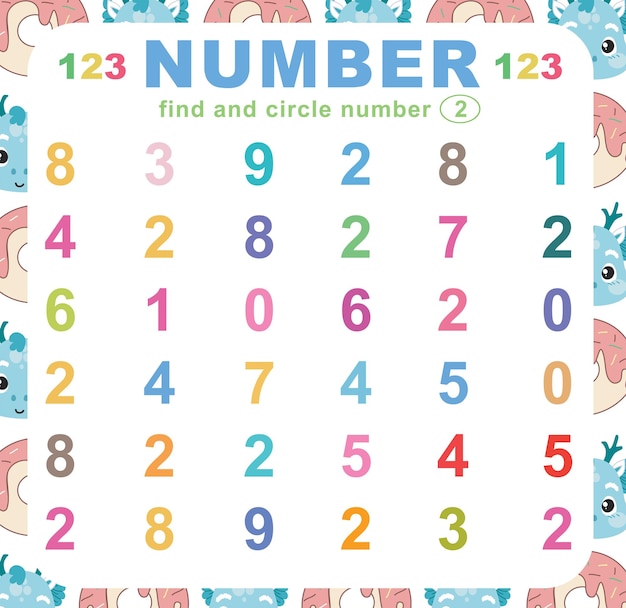 Vector search and circle number on the worksheet. exercise for children to recognize number. vector file