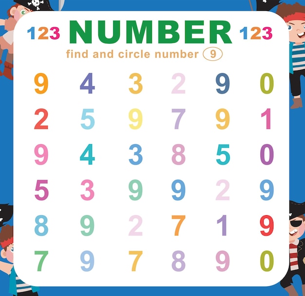 Cerca e cerchia il numero sul foglio di lavoro. esercizio per far riconoscere i numeri ai bambini. archivio vettoriale