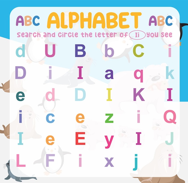 Search and circle the uppercase and lowercase letter on the worksheet. Exercise for children to reco