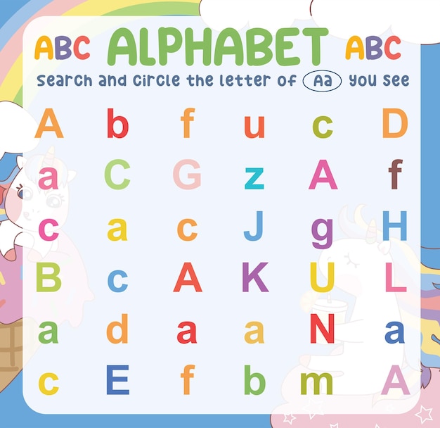 Search and circle the uppercase and lowercase of the a letter on the worksheet. vector file.