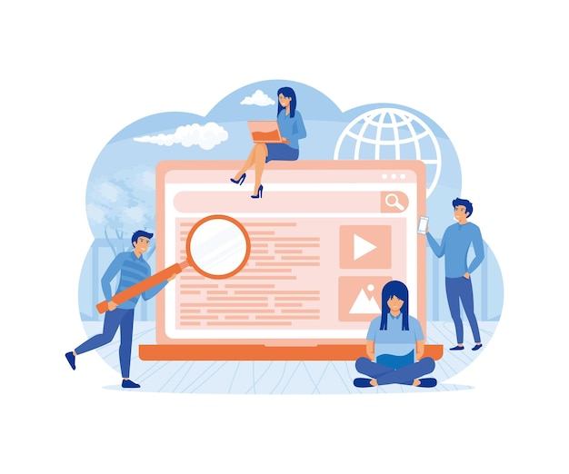 search engine answering users questions people using laptops and phones for online query flat vector modern illustration