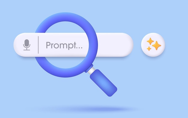 Search engine bar and magnifying glass 3D Chatbot and AI Assistant Concept of Artificial Intelligence Input prompt as commands for search and analysis by AI Trendy and modern vector in 3d style