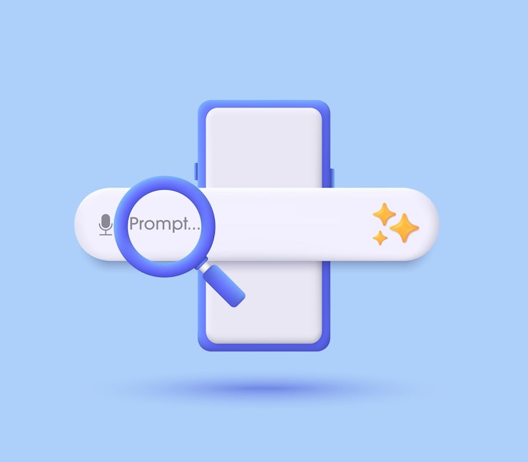 Vector search engine bar with magnifying glass and smartphone 3d ai assistant and tool concept of artificial intelligence input prompt as commands for search and analysis by ai modern vector in 3d style