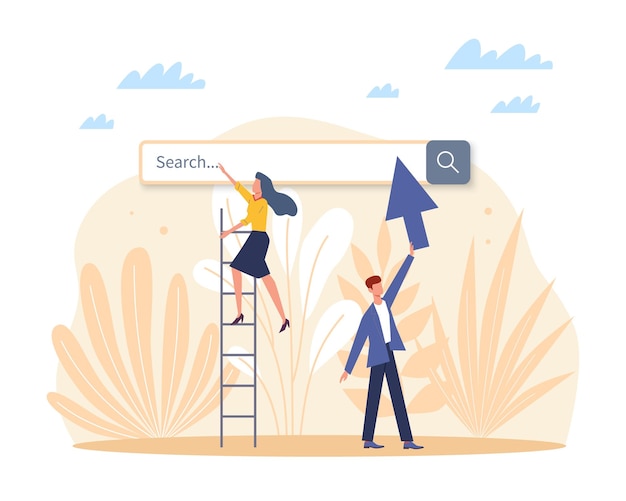 Search engine Blank internet searching field man holds arrow girl on ladder internet service online finding information browser page template vector cartoon flat isolated concept